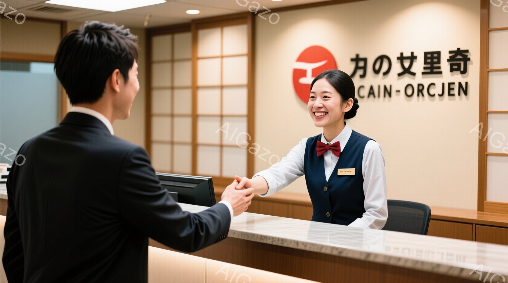 制服を着た女性が、カウンター越しに男性と握手をしている場面です。女性は紺色のベストと白のシャツを着ており、赤いリボンがアクセントになっています。背景には木目調の壁と「ORC200」と書かれたロゴがあり、全体的に明るく丁寧な雰囲気が漂っています。