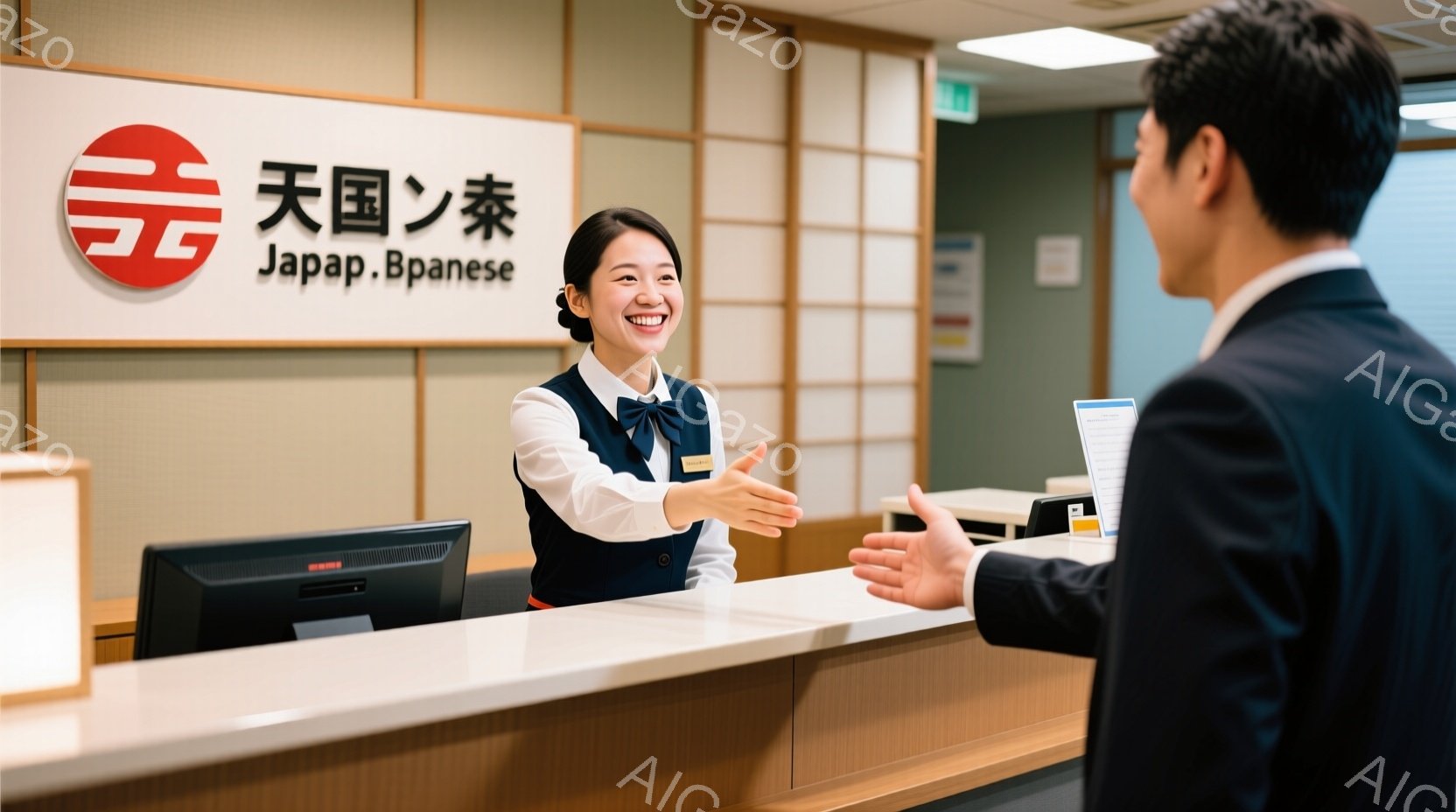 制服姿の女性が受付カウンター越しに笑顔で手を差し伸べており、親切な対応をしようとしている様子が伝わってきます。彼女は紺色のジャケットに白いブラウス、リボンで、髪はきれいにまとめられています。背景には受付カウンターと壁があり、明るく清潔な室内であることがわかります。