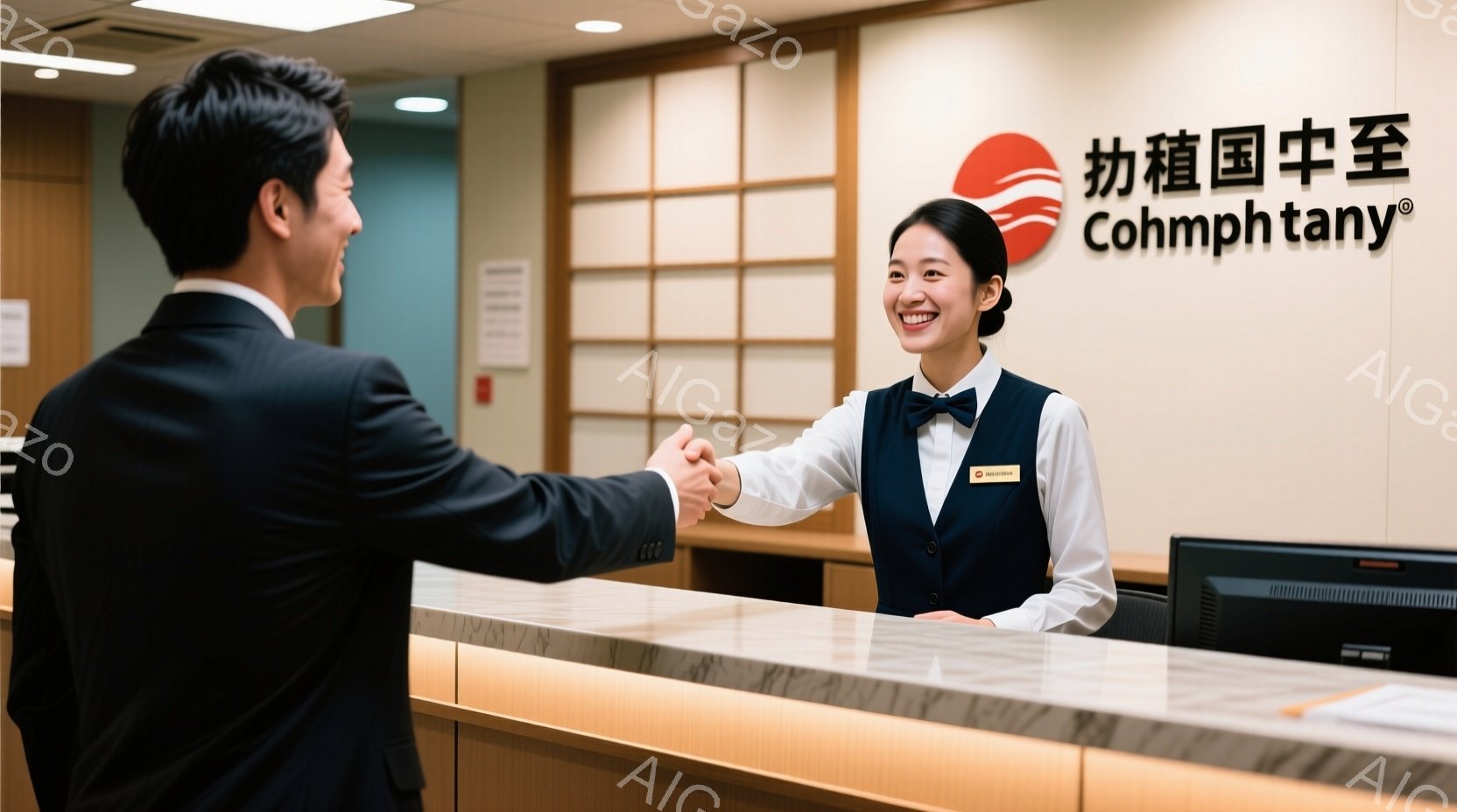 制服を着た女性スタッフが、ビジネススーツを着た男性と握手をしています。女性は紺色のベストと白のブラウス姿で、明るい笑顔を見せており、親切な接客姿勢が伺えます。背景には受付カウンターと、淡い色の壁があり、清潔感があり、落ち着いた雰囲気です。