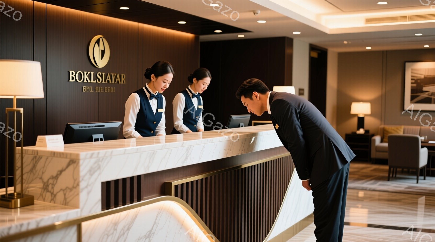 フロントデスクに男性が立っており、丁寧にお辞儀をしています。背後には制服を着た2人の女性スタッフがおり、笑顔で彼を迎えています。背景はベージュと白を基調とした高級感のあるロビーで、モダンな家具や照明が - AI生成フリー素材