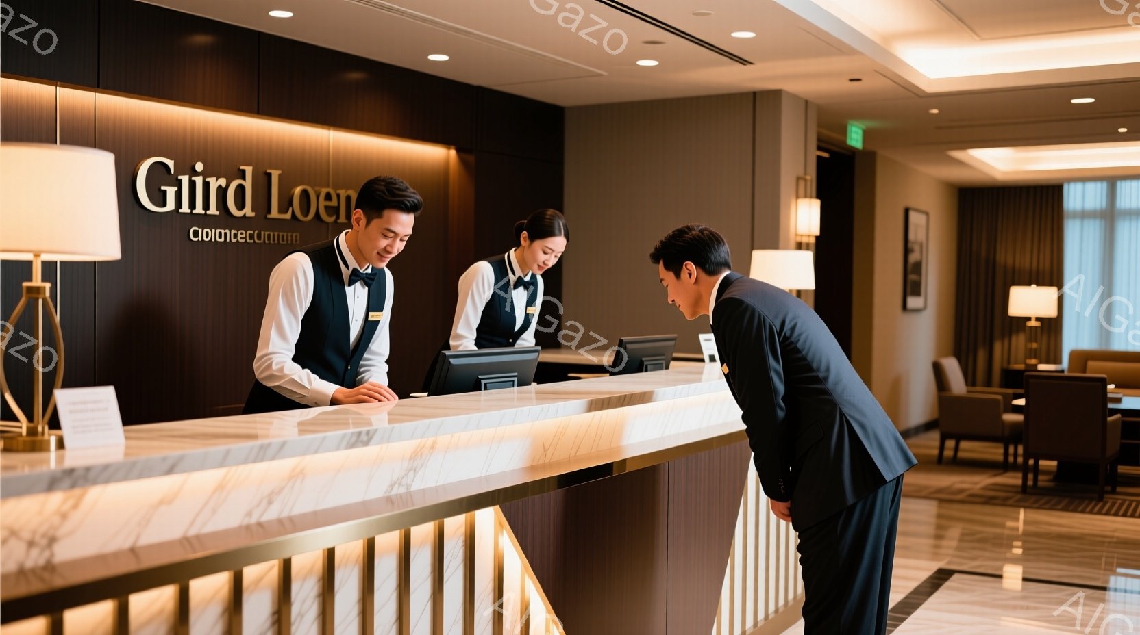 レセプションカウンターの前に、スーツを着た男性が深くお辞儀をしており、丁寧な態度を示しています。カウンターには、ベストと白いブラウスを着た女性のスタッフが二人おり、笑顔で男性に接しています。背景には、落ち着いた色調の待合スペースと、ゴールドの装飾が施されたエレガントな内装が見られ、高級感のあるホテルのロビーの雰囲気です。