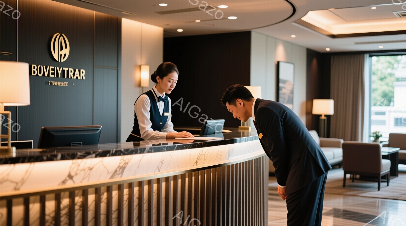 レセプションカウンターで、女性スタッフがパソコンに向かって作業しており、黒髪を後ろでまとめ、制服姿で微笑んでいます。男性客は、カウンター越しに深々と頭を下げて挨拶をしており、フォーマルな黒いスーツを着用しています。背景には、モダンなデザインの待合スペースが見え、窓からは自然光が差し込み、上品で落ち着いた雰囲気が漂っています。
