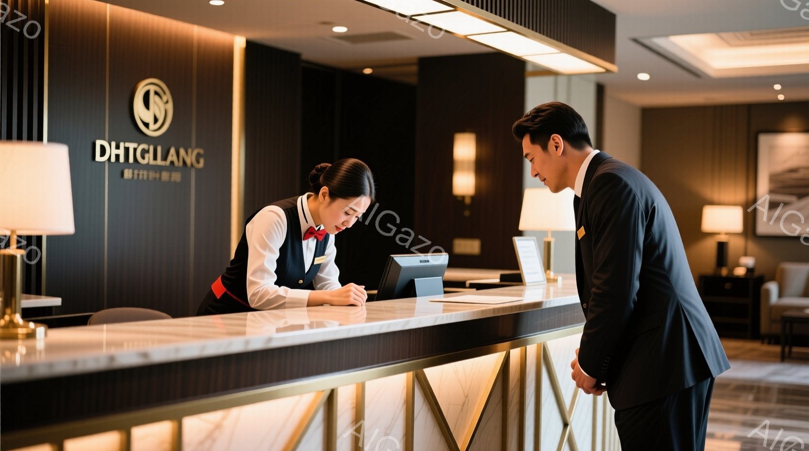 レセプションカウンターで、制服を着た女性スタッフが何かに集中して記入しています。彼女は髪をきっちりとまとめ、真剣な表情をしています。男性は黒いスーツにネクタイ、整えられた髪で、カウンター越しに少し前か - AI生成フリー素材