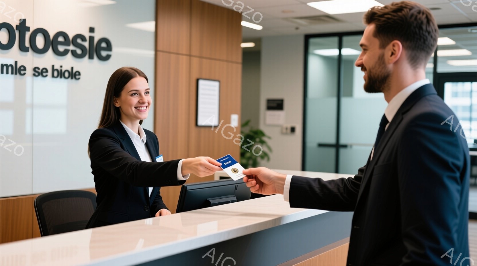 レセプションカウンターで、笑顔の女性が男性にカードを渡しています。女性は黒いブレザーに白いシャツを着ており、髪は後ろでまとめています。背景には「otoesie」と書かれたロゴがあり、オフィスのような室内空間で、明るく清潔な雰囲気です。