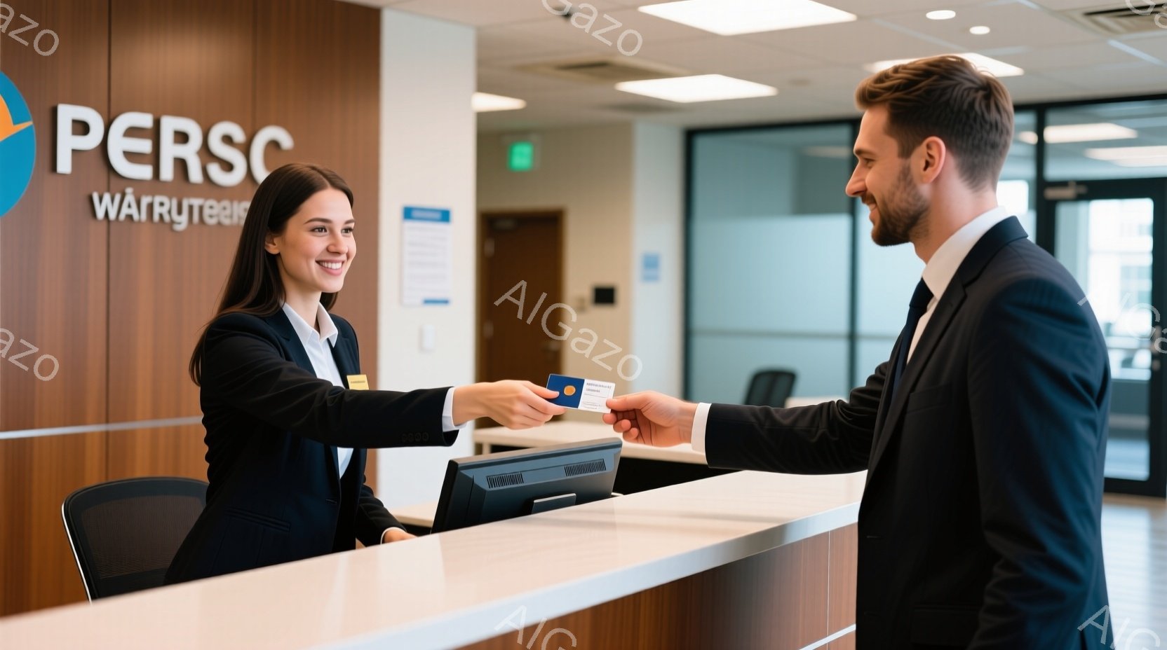 レセプションカウンターで、女性職員が男性客にカードを渡している場面です。女性は紺色のスーツを着ており、笑顔で優しそうな印象です。背景には受付カウンターとドアがあり、オフィスのような明るい室内で、ビジネスシーンを連想させる雰囲気です。