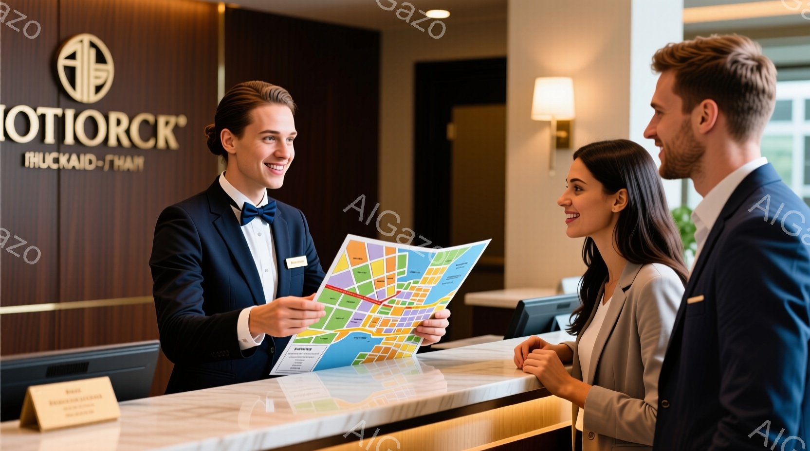 レセプションカウンターで、制服を着た男性が女性に地図を提示している様子が描かれています。男性は黒い髪で、笑顔で丁寧な態度で対応しており、女性はグレーのジャケットを羽織り、嬉しそうな表情で地図を見つめています。背景には白を基調としたモダンな内装があり、奥には間接照明が見え、ホテルの上品な雰囲気が漂っています。