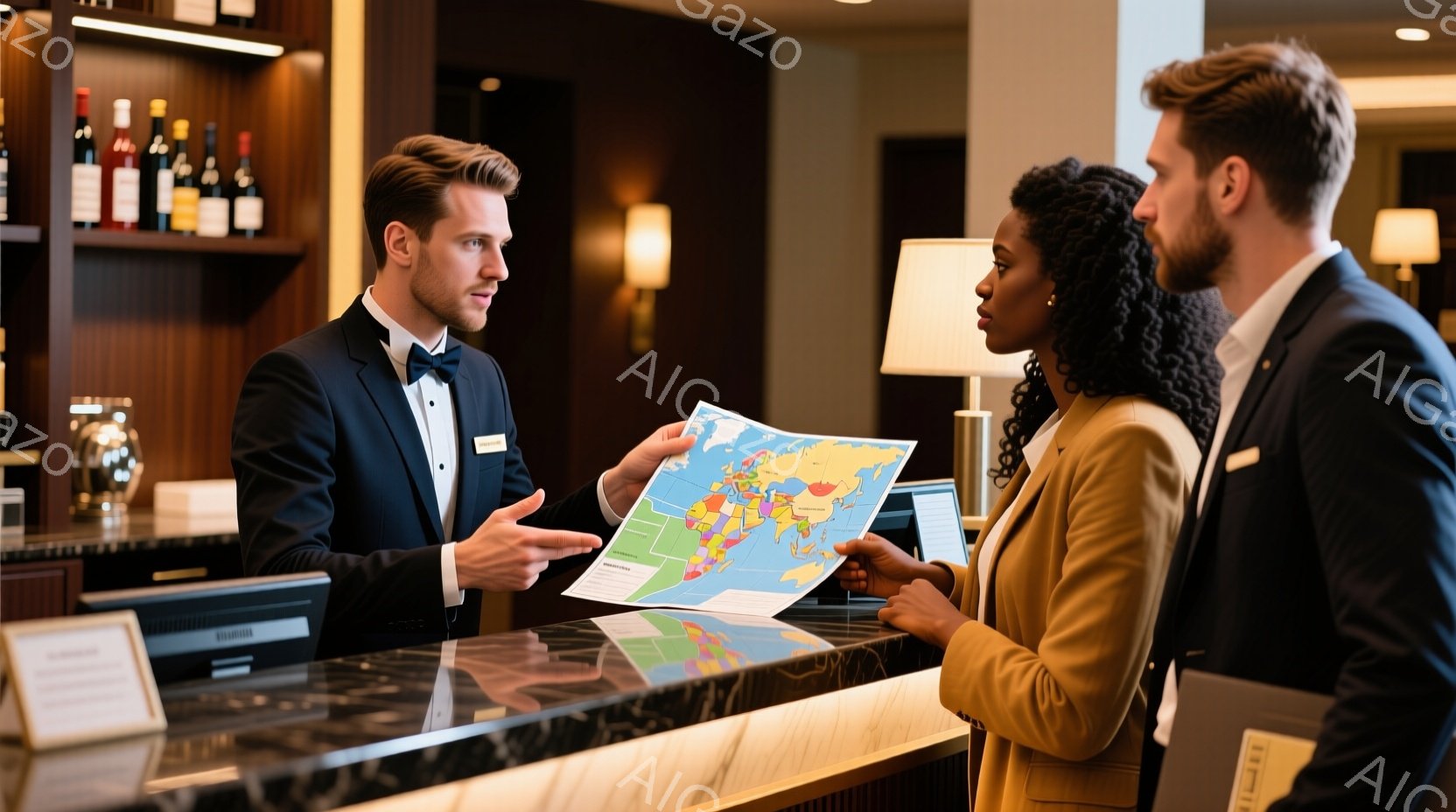 ホテルの受付カウンターで、制服を着た男性スタッフが、地図を手にしながら、女性客に何かを説明している様子が写っている。男性は黒いスーツに蝶ネクタイで、整髪されており、真剣な表情で身振り手振りで説明している。女性は茶色のジャケットを着ており、髪は肩まで伸びたカールヘアで、注意深くスタッフの説明を聞いている。