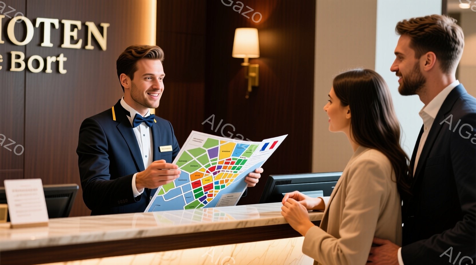受付カウンターで、男性スタッフが女性客に地図を提示している場面です。男性は黒いスーツに黄色のネクタイ、整髪された髪で笑顔を浮かべており、女性はベージュのニットを着て、スタッフの説明に耳を傾けています。背景にはホテルの受付カウンターと間接照明があり、洗練された雰囲気が漂っています。