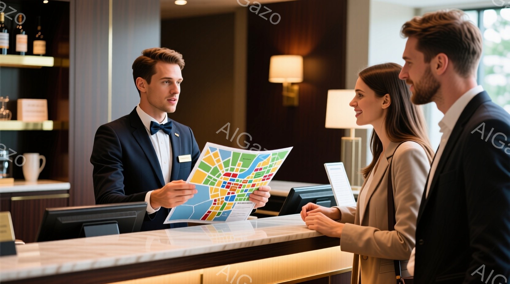 レセプションカウンターで、制服を着た男性が観光地図を女性客に手渡している場面です。男性は黒いスーツに蝶ネクタイを締め、女性はベージュ色のコートを着ています。背景には、洗練されたデザインのカウンターと、ボトルが並んだ棚があり、ホテルのロビーのような上品な雰囲気が漂っています。