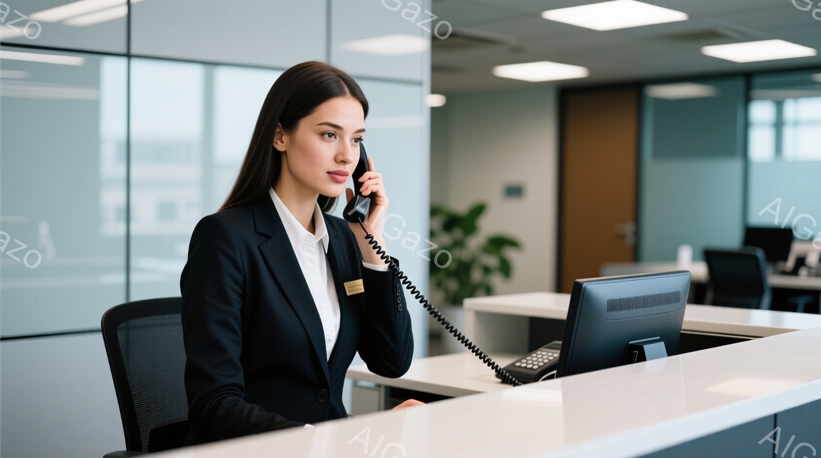 この女性は黒いスーツを着ており、髪は後ろでまとめています。彼女は受付カウンターに座り、電話を受けている様子で、表情は真剣です。背景にはオフィス空間が広がり、白を基調とした清潔感のある雰囲気が漂っています。