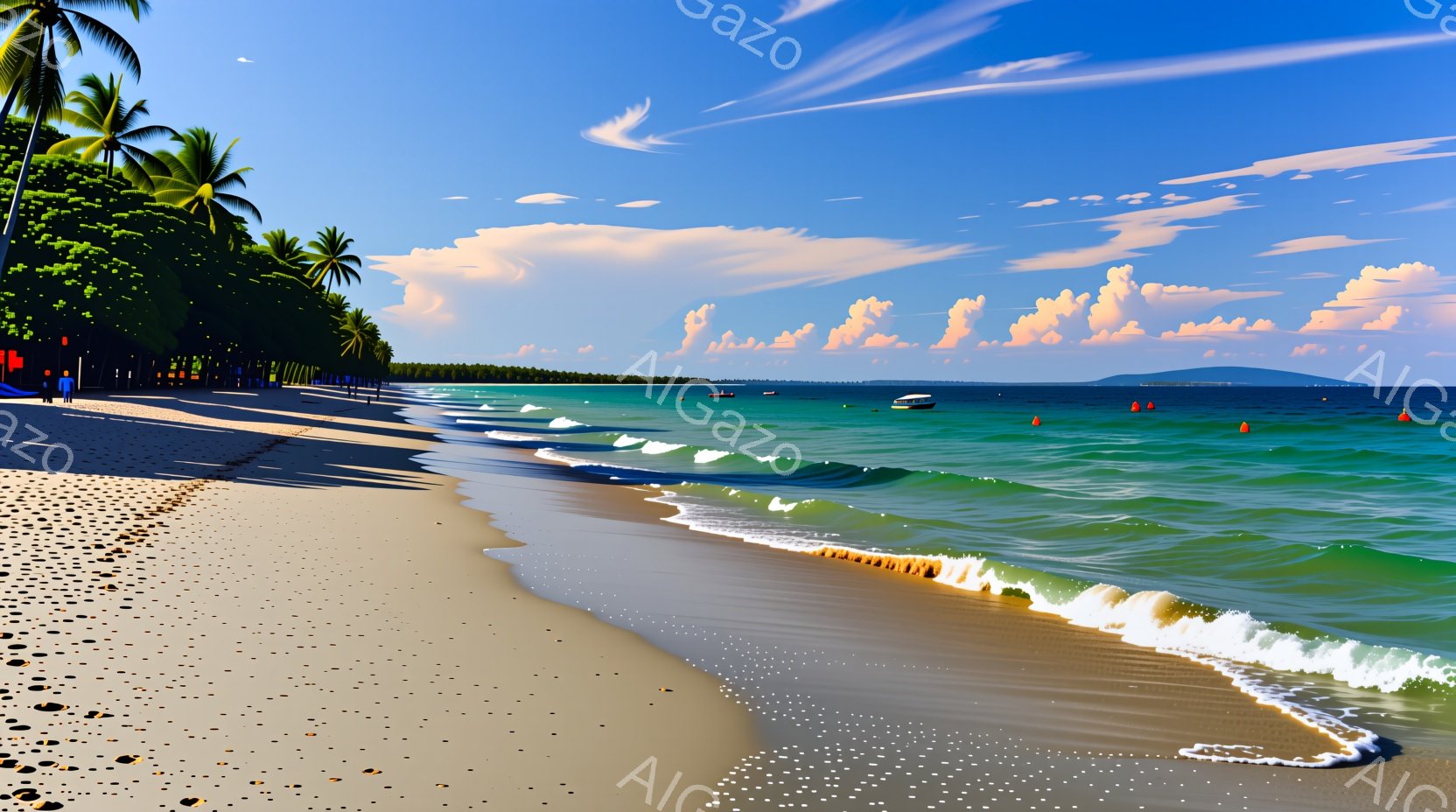白い砂浜にエメラルドグリーンの波が打ち寄せ、青い空には白い雲が広がっています。遠くには小さな島が見え、海岸線にはヤシの木々が生い茂り、熱帯の楽園のような雰囲気です。波打ち際の泡が繊細に描かれており、穏やかでリラックスした時間が感じられます。