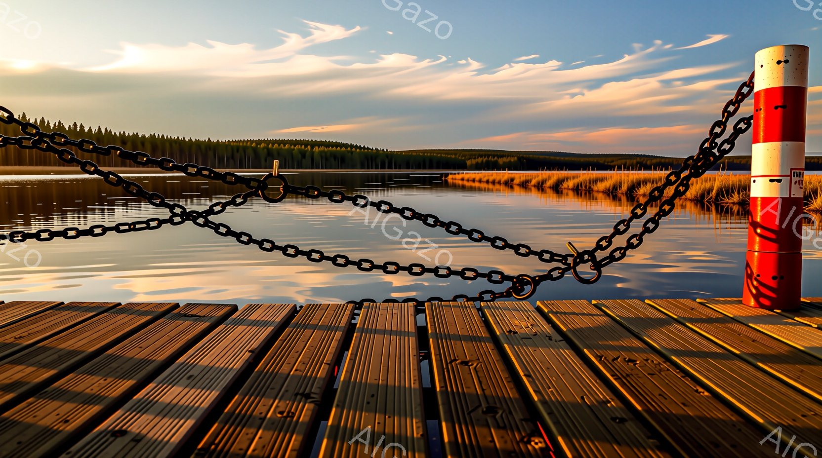 古びた木製の桟橋が、穏やかな水面に浮かぶ光を反射している。桟橋には黒い鎖が張り巡らされ、その先に赤と白の標識が立っている。背景には、緑豊かな森林と、夕焼けに染まる空が広がり、静寂で穏やかな雰囲気が漂う。