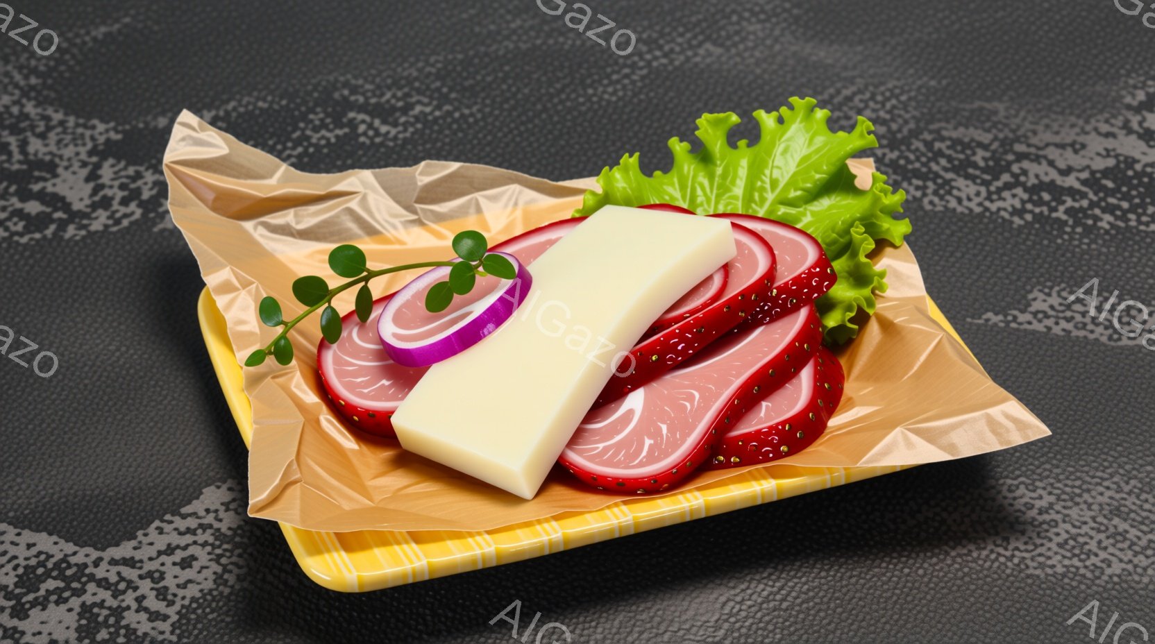 黄色と白の格子柄の紙の上に、薄切りのハム、チーズ、紫玉ねぎ、レタスが乗せられています。ハムは鮮やかな赤色で、チーズは白い長方形をしています。背景はグレーのテクスチャで、食材は透明なフィルムで覆われ、まるで弁当のおかずのような印象を与えます。