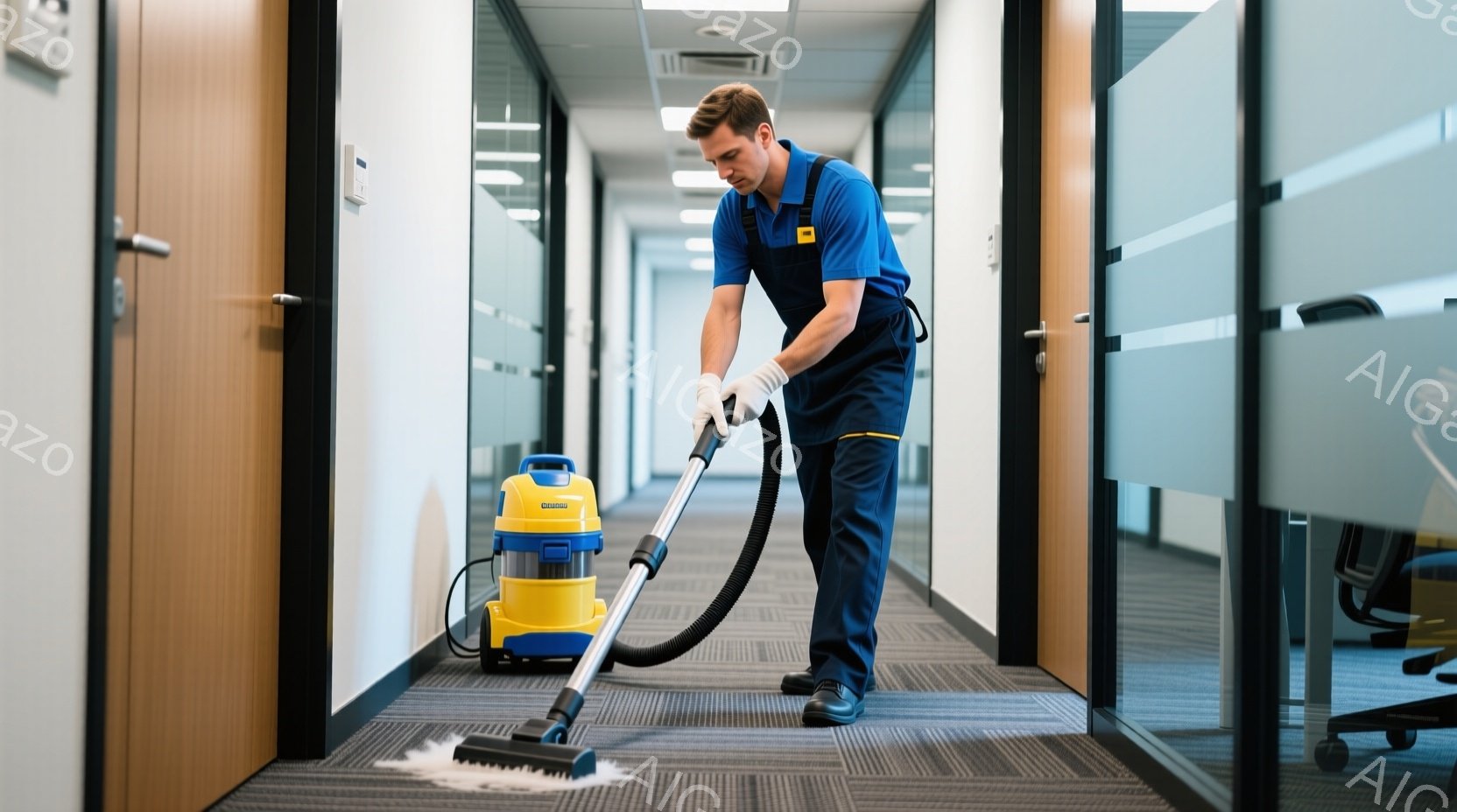 作業着を着た男性が、オフィス内のカーペットを掃除機で清掃している。彼は濃い青色のオーバーオールに、明るい黄色のラインが入っており、白い手袋を着用している。背景にはオフィス内の廊下と、ガラス張りの部屋があり、清潔感のある、仕事風景の様子が伺える。