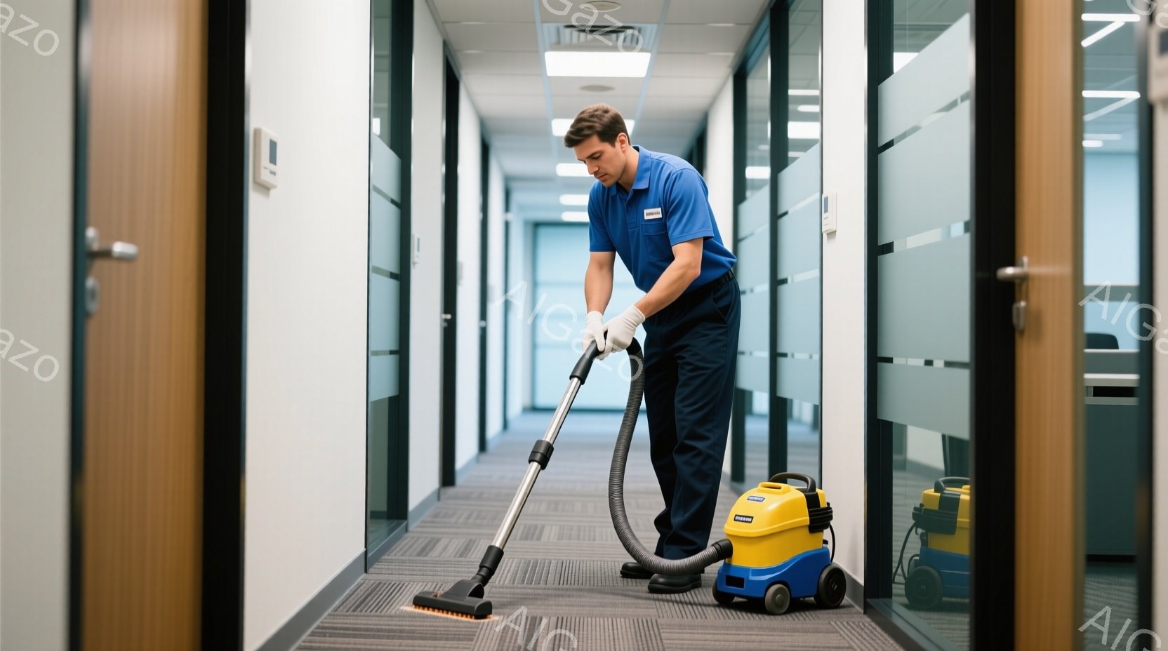 清掃員が廊下でカーペットを掃除機がけをしている写真です。彼は濃い青色の作業着と白い手袋を着用し、短髪で整髪されています。背景はオフィスの一室で、ドアや壁があり、全体的に清潔で明るい雰囲気です。