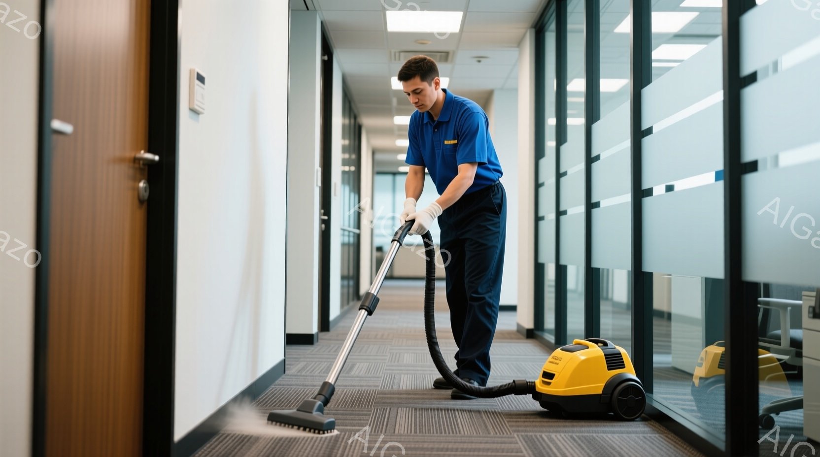 作業員がオフィス内のカーペットを掃除機で清掃している様子が写っている。彼は濃い青色の作業着と白い手袋を着用しており、短く刈り込んだ髪をしている。背景はオフィス内の廊下で、ガラス張りのオフィススペースが連なっており、清潔で整然とした雰囲気が漂っている。