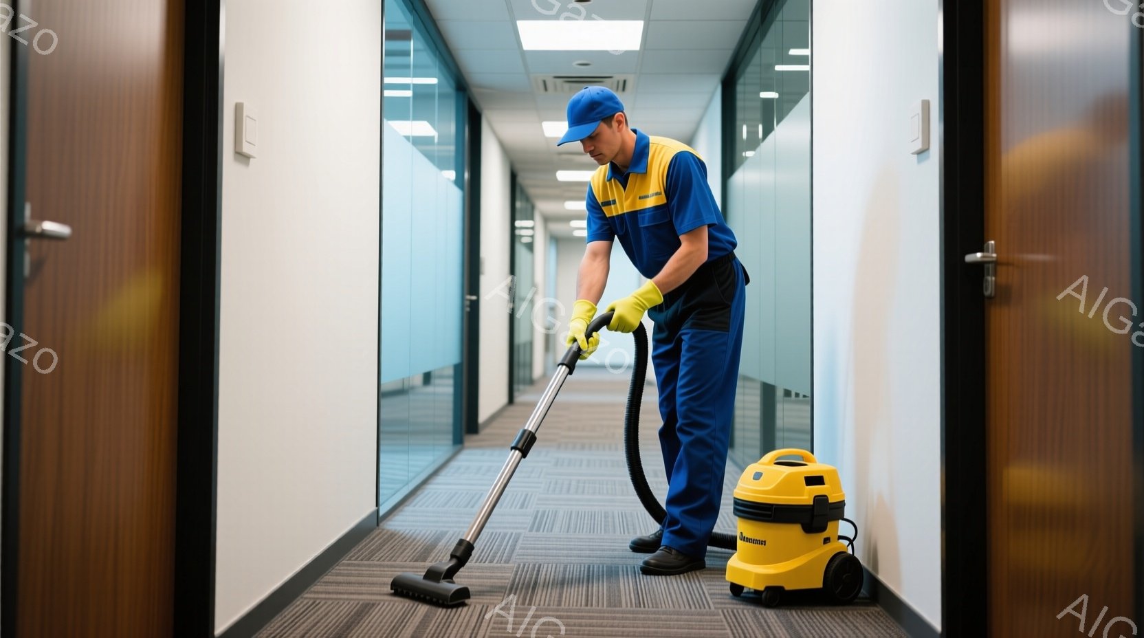 男性が清掃機を使用し、オフィスの通路を拭いています。彼は緑のユニフォームを着ており、肩や腰に手袋とマスクが装着されていることがわかります。彼は恵まれた整然とした髪型で、表情は真面目で、仕事をしっかりと進めています。背景はオフィスの通路にある一連のドアと壁で、空間は整然と清潔に保たれています。