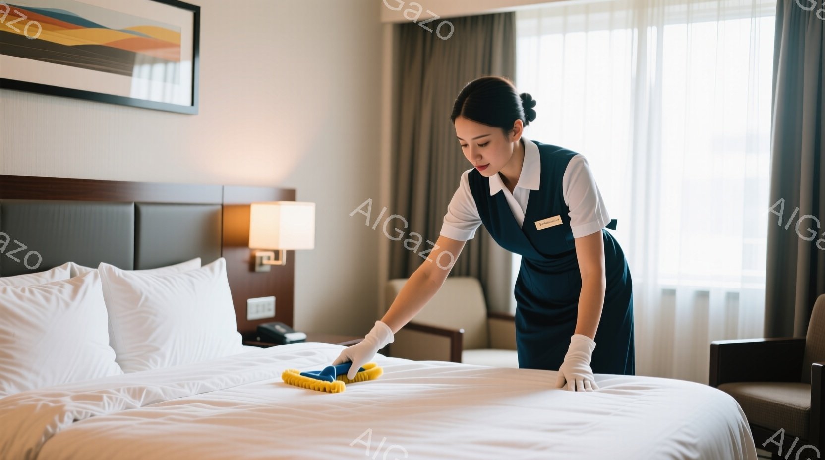 清潔な白いベッドの上で、メイドが白い手袋をつけ、青い制服を着てベッドを掃除しています。彼女は黒髪を後ろでまとめ、真剣な表情で丁寧に作業に取り組んでいます。背景には、シンプルなデザインの家具と、薄いカーテン、そして控えめなアートワークが見られ、清潔で落ち着いた雰囲気が漂っています。