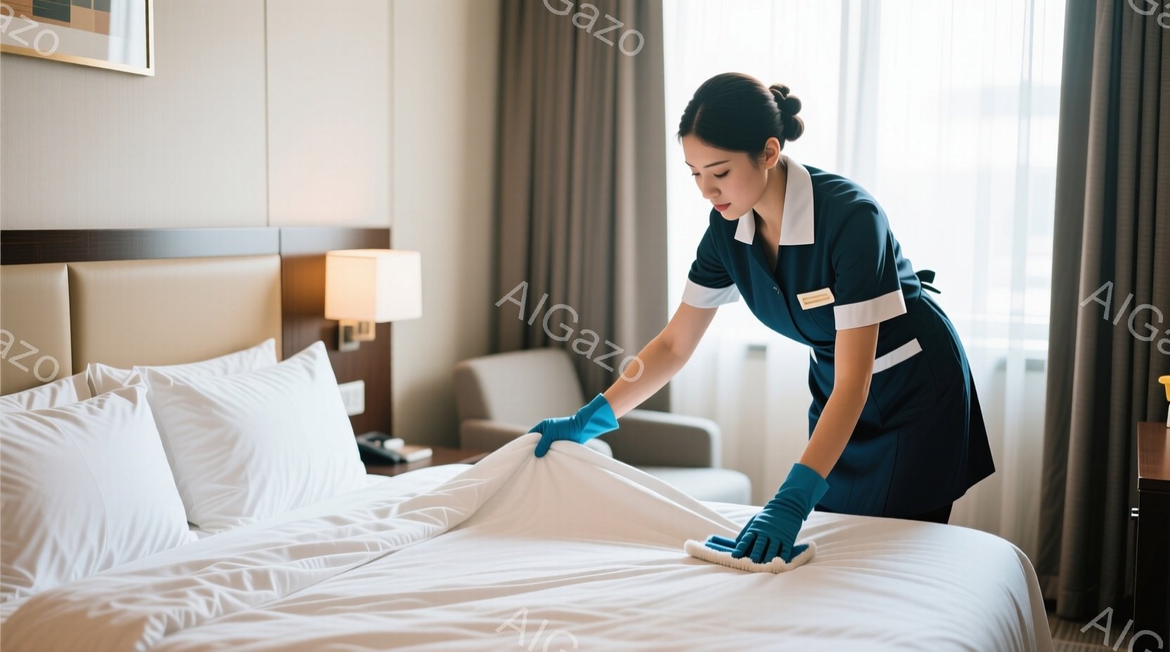 ホテルの一室で、紺色の制服を着た女性がベッドメイキングをしている。彼女は髪をきっちりとまとめ、青い手袋を着用し、ベッドシーツを丁寧に伸ばしている。背景にはクリーム色の壁、アームチェア、窓から差し込む自然光が見え、清潔で落ち着いた雰囲気が漂っている。