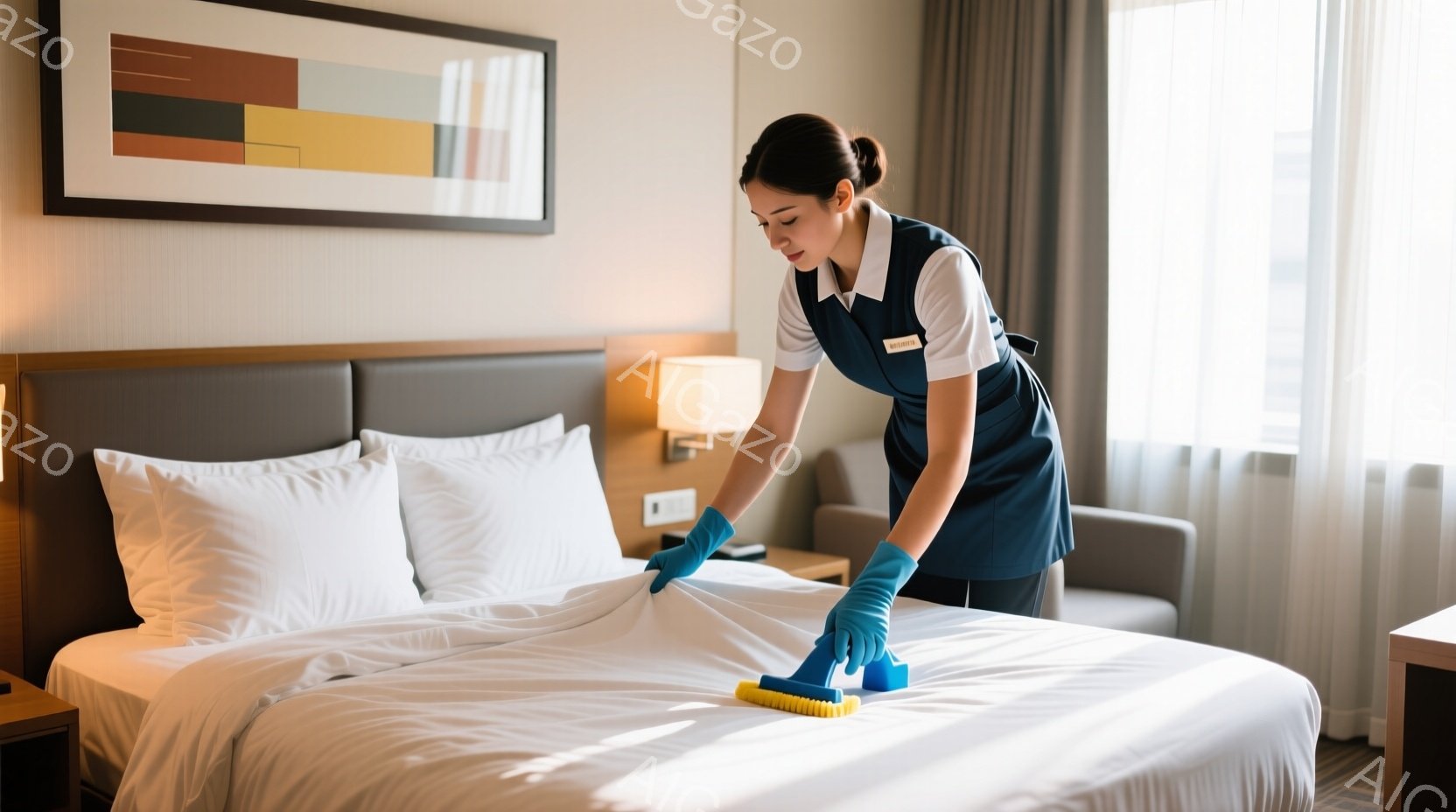 ホテルメイドがベッドのシーツを丁寧に掃除しています。彼女は紺色のベストとズボン、そして青い手袋を着用し、後ろで髪をまとめ、真剣な表情で作業に取り組んでいます。背景には白い壁と大きな窓があり、自然光が差し込み、清潔で明るい雰囲気が漂っています。