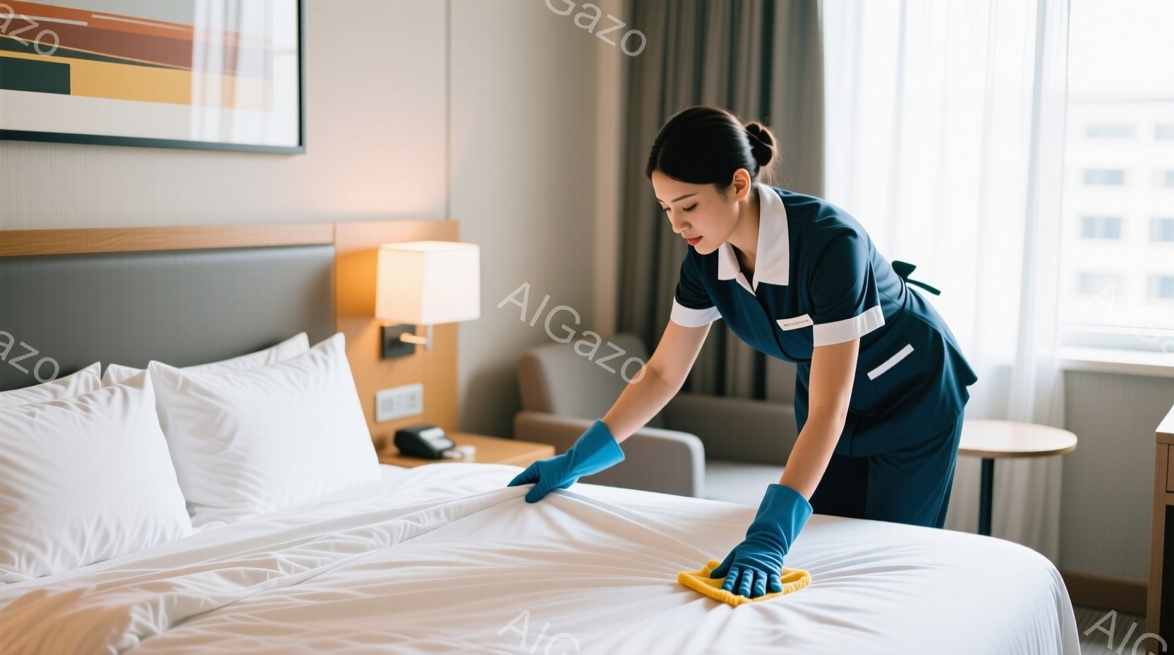 ホテルメイドが白いベッドを青い手袋と黄色いクロスで丁寧に拭いています。彼女は紺色の制服を着ており、髪は後ろでまとめています。背景には、オフホワイトのソファとテーブル、そして大きな窓から差し込む自然光が見え、清潔感のある快適な雰囲気が漂っています。