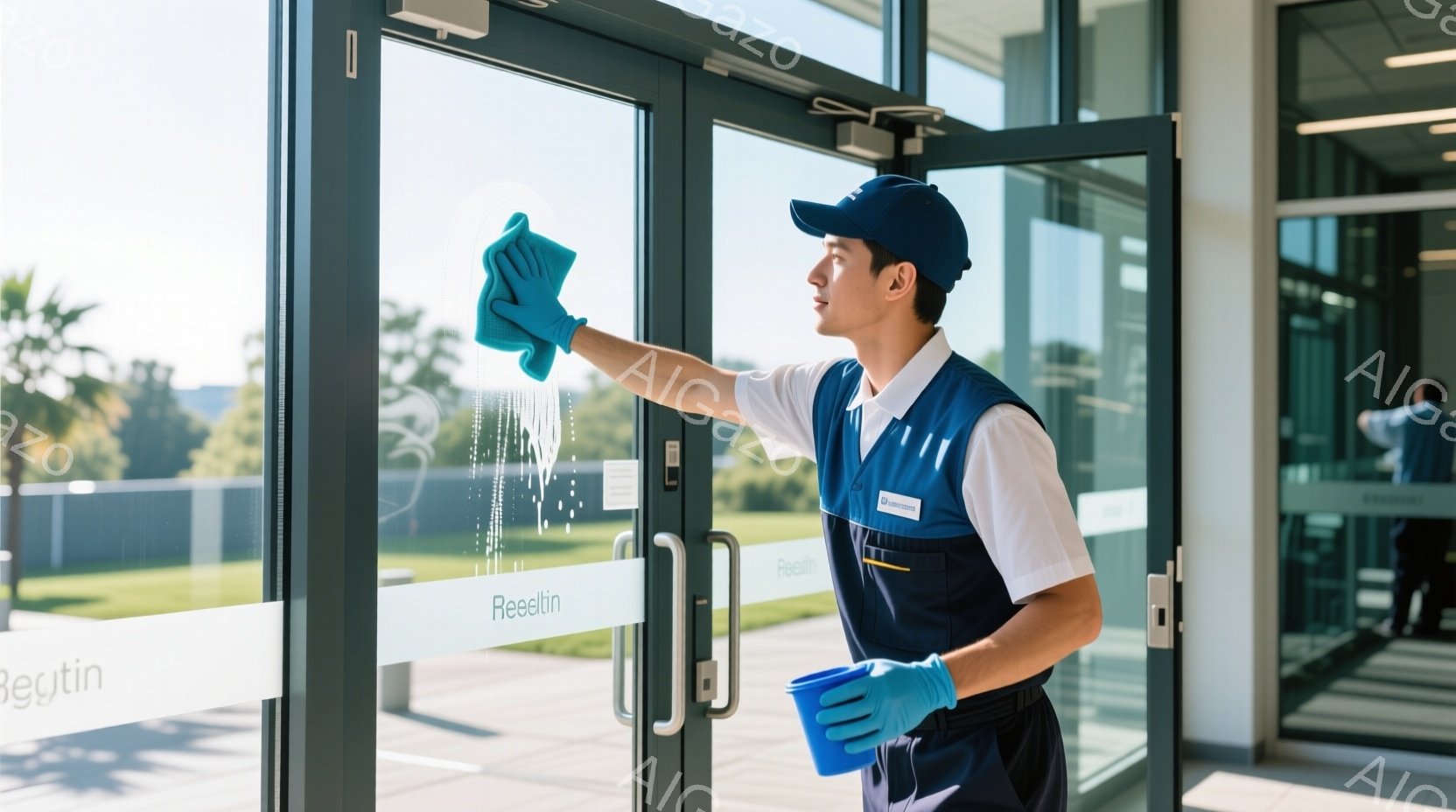 作業員がガラスドアを拭いています。彼は濃い青色の作業着、白いシャツ、青い帽子を着用しており、左手に青い手袋をはめています。背景にはモダンな建物と緑豊かな自然が見え、晴れた日の穏やかな雰囲気が漂っています。