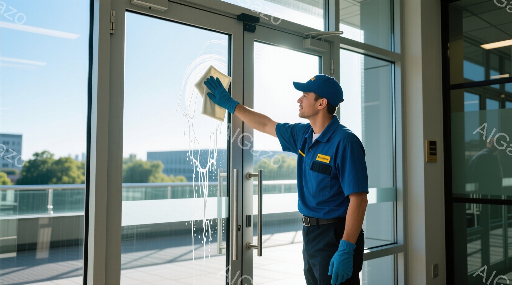 清掃員がガラスドアを拭いています。彼は青い作業着と帽子を着用し、水色の手袋をしています。背景には近代的な建物と緑豊かな木々が見え、晴れた日のようです。