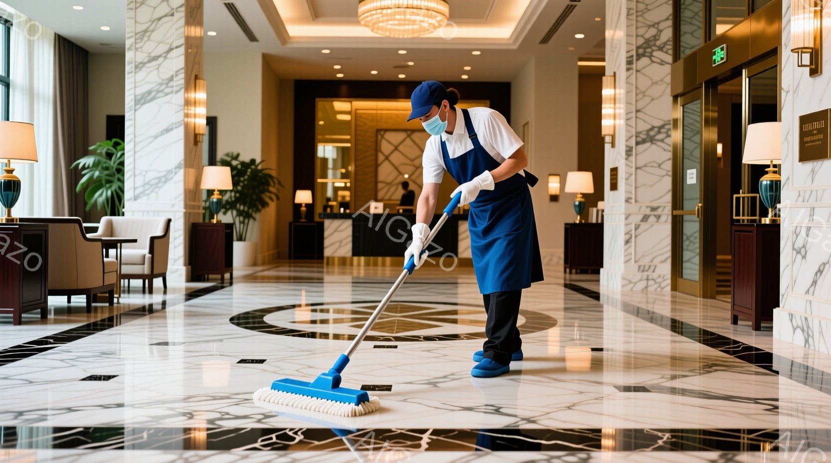 清潔なロビーで、青いオーバーオール姿の清掃員がモップがけをしている。彼は白い手袋とマスクを着用し、集中して床を掃除している。背景には、大理石の床、高級感のある家具、観葉植物が見られ、明るく清潔な雰囲気が漂っている。