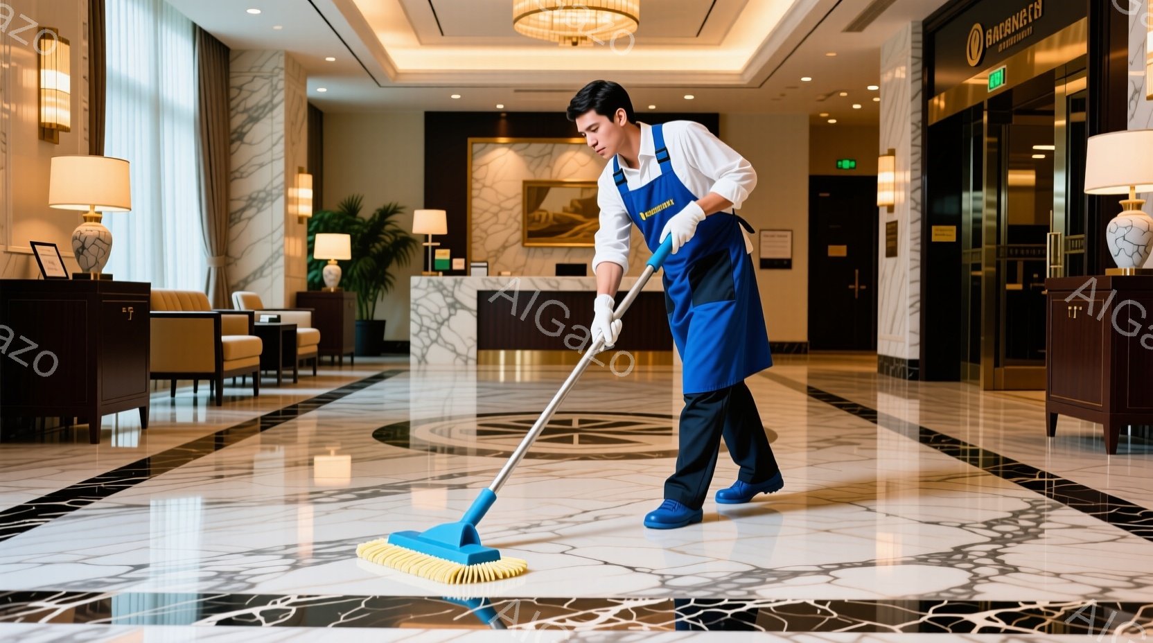 清潔なロビーで、青いエプロンとズボンを身に着けた男性が床を掃いている。彼は姿勢を正し、ほうきを使い、丁寧に床を清掃している様子が伺える。背景には受付カウンターやソファ、観葉植物が見え、明るく高級感のある雰囲気である。