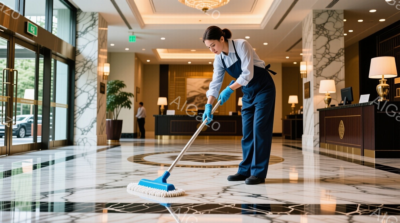清掃員と思われる女性が、大理石の床をモップで清掃している。紺色の作業着にエプロンを着用し、黒い靴を履いている。背景には受付カウンターや植物が見え、高級ホテルのロビーのようであり、明るく清潔な雰囲気が漂っている。