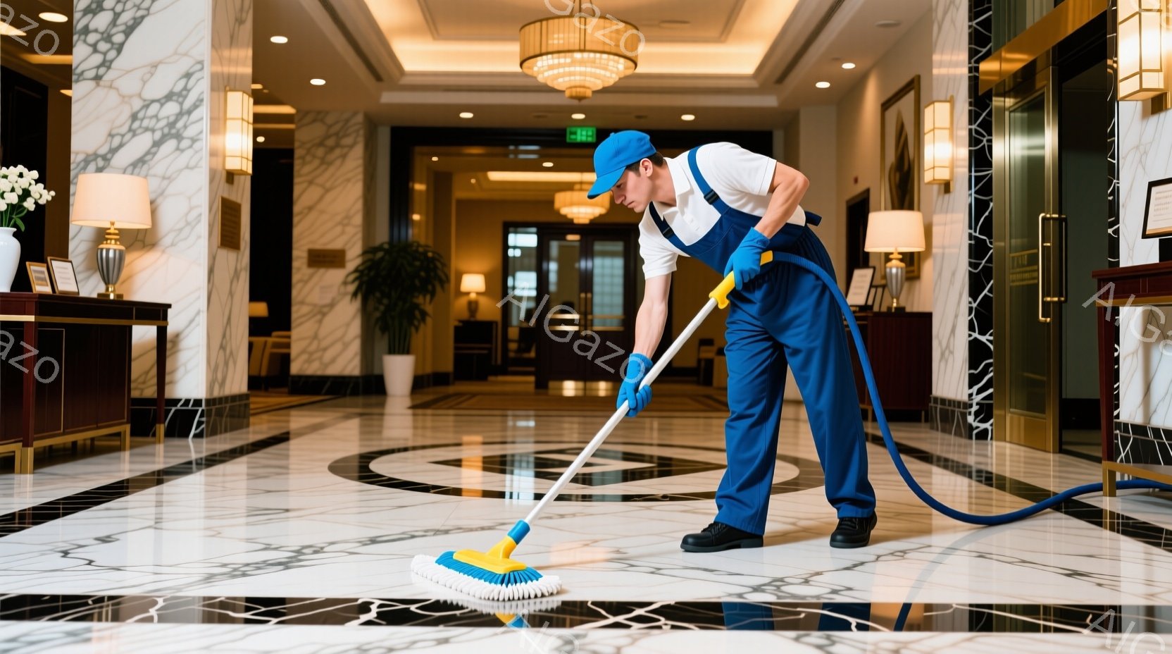 紺色の作業着を着た男性が、大理石の床をモップで清掃している。彼は青い帽子と手袋を着用し、集中した表情で前かがみになって作業に取り組んでいる。背景には豪華なロビーがあり、植物や照明が配置され、清潔で明るい雰囲気が漂っている。
