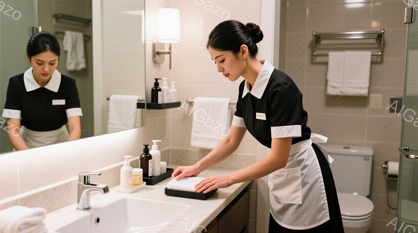 制服姿の女性が洗面台で清掃を行っています。彼女は黒いワンピースに白いエプロンをつけ、髪をきっちりと後ろで束ねています。背景には白いタイル張りの壁と、バスルームの備品が見え、清潔感のある、静かな雰囲気が漂っています。