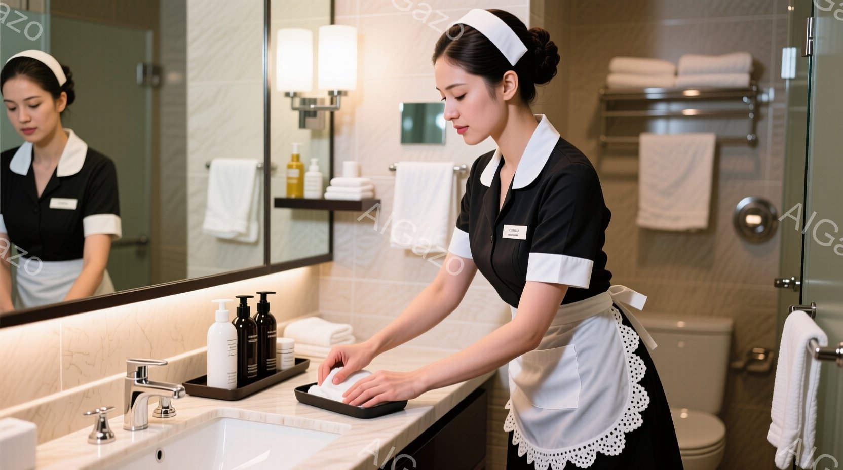 清潔な白い制服とエプロンを身につけた女性が、浴室の洗面台で白いタオルを丁寧に拭いています。彼女は髪をきっちりとまとめ、真剣な表情で清掃作業に取り組んでいます。背景には白いタイル張りの壁と洗面用具、そして浴室の設備が見え、清潔感のある落ち着いた雰囲気が漂っています。