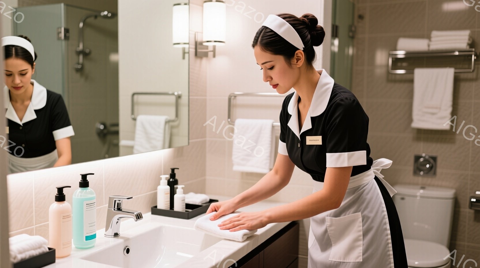 清潔な白を基調としたバスルームで、メイドの女性が洗面台を丁寧に清掃している様子が描かれています。彼女は黒いブラウスに白いエプロン、頭には白いヘアバンドを着用し、真剣な表情で雑巾を使ってシンクを磨いています。背景には白いタオルが整然と並び、清潔感のある落ち着いた雰囲気が漂っています。