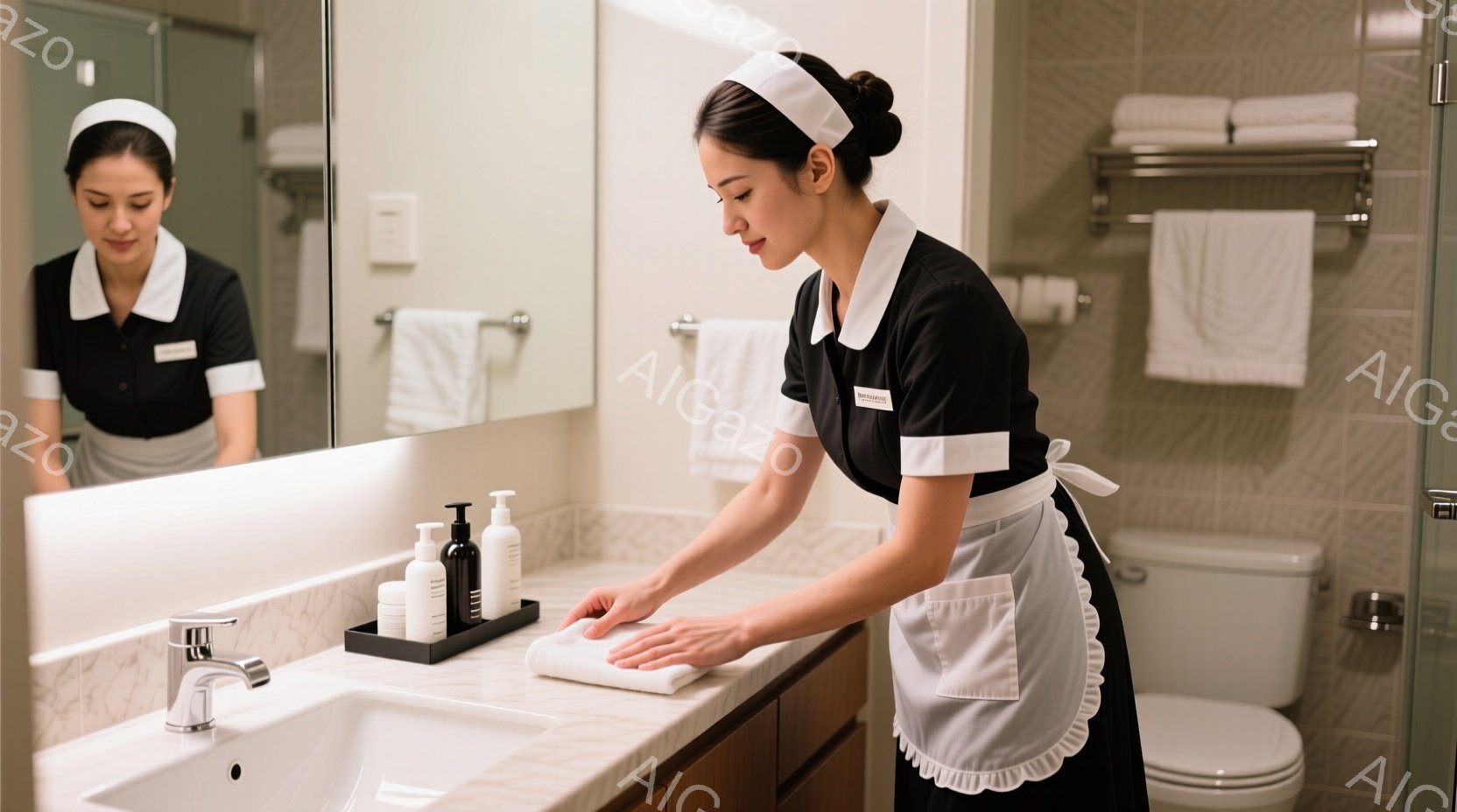 清潔な白い制服とエプロンを身に着けた女性が、ホテルの洗面台を丁寧に拭いています。彼女は髪をきっちりとまとめ、真剣な表情で清掃作業に取り組んでいます。背景には白いタイル張りの壁と洗面台、そして整然と並べられたアメニティ用品が見え、清潔感のあるホテルの浴室の様子が伺えます。