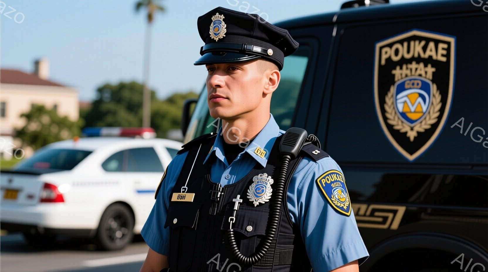制服姿の男性警察官が写っている。彼は青いシャツに黒いズボン、そして帽子を着用しており、胸にはバッジと無線機が取り付けられている。背景には建物や車が見え、晴天の下、治安維持に努める様子がうかがえる。