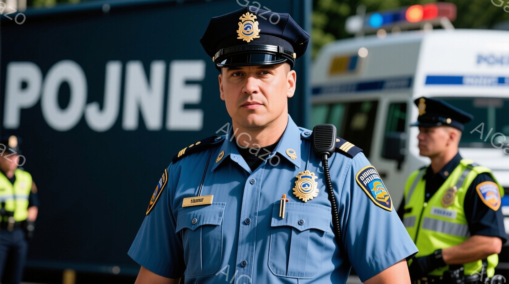 青い制服を着た男性警察官が正面を見据えている。彼は短髪で、制服には階級章と記名タグがついており、無線機を手に持っている。背景には他の警察官やパトカーが見え、晴れた日の屋外で撮影された様子がうかがえる。