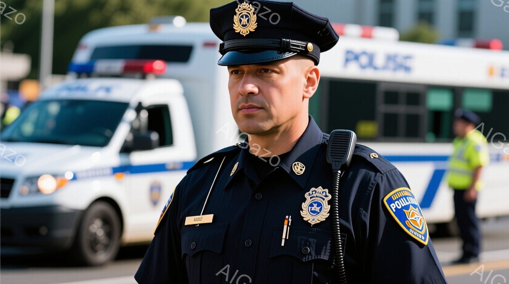制服を着た警官が正面を向いて立っている。彼は濃い青色の制服、帽子、そして胸に名前札をつけており、顔は真剣な表情を浮かべている。背景には警察車両と他の警官がぼやけて写っており、晴天の下、任務に就いている様子が伺える。