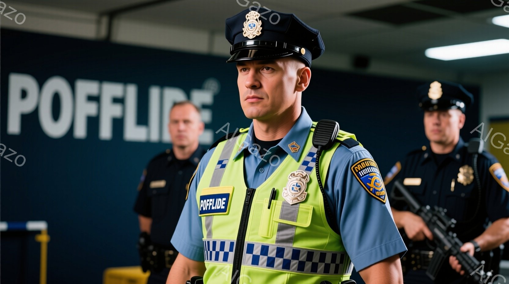 警察官が三人立っている写真です。手前の警察官は青い制服と蛍光色のベストを着用し、厳しい表情で正面を見つめています。背景には「POLICE」という文字が見え、室内のような場所で、全体的に緊張感のある雰囲気です。
