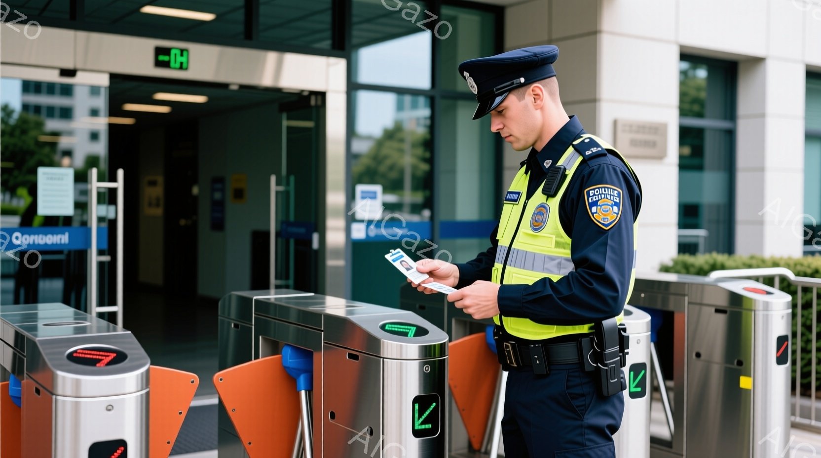 制服を着た警備員が、改札機の前でカードを調べている様子が写っています。彼は黒髪で、制服は濃い青色と黄色の蛍光色の組み合わせで、真剣な表情でカードに視線を落としています。背景には近代的な建物が見え、晴れた日の屋外の様子で、改札機は金属製で、オレンジ色と白のアクセントが施されています。
