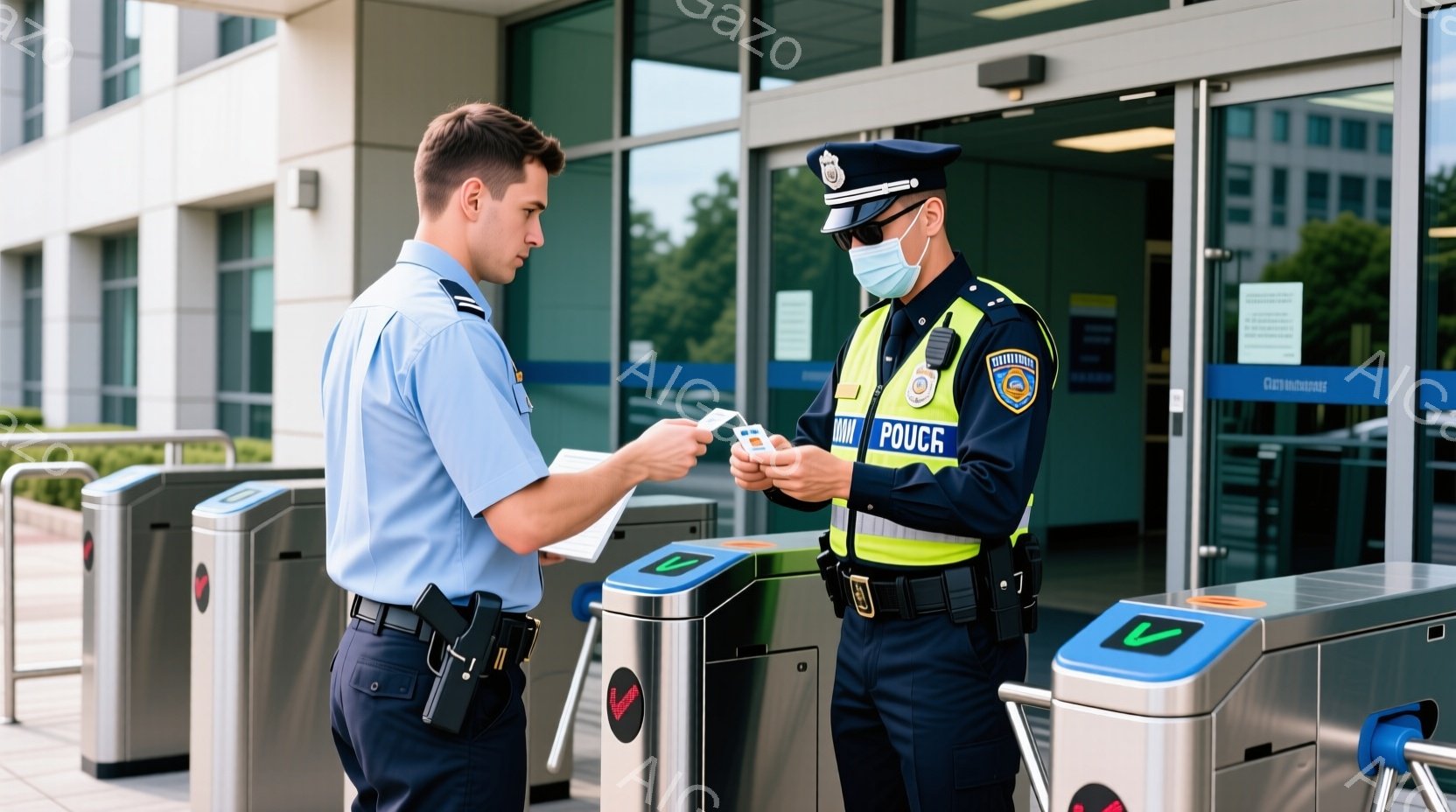 警察官と若い男性が、入り口の改札機の前で書類を交換している場面です。警察官は制服とマスクを着用し、厳重な表情で書類を確認しています。背景には近代的な建物と緑が見え、晴天の下、警備が行われている様子が伺えます。