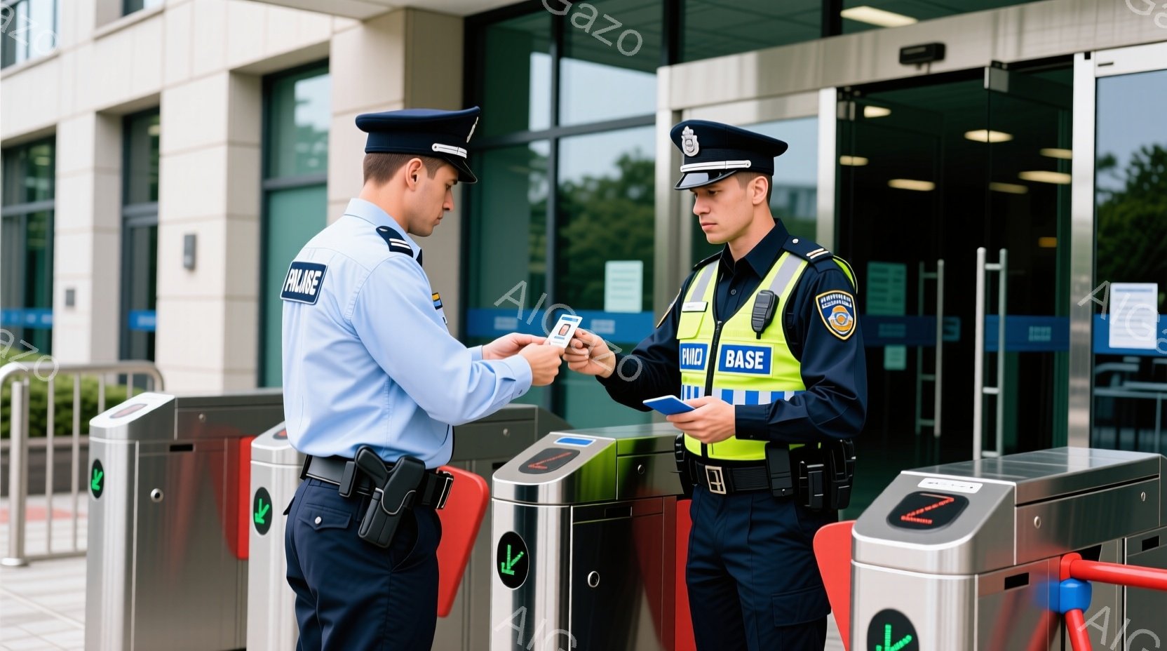 制服を着た二人の警官が、ゲートを挟んで向き合っている。一人はライトブルーのシャツに黒いズボン、もう一人はネイビーのジャケットに蛍光黄色のベストを着用し、どちらも帽子をかぶり、真剣な表情で身分証のようなものを交換している。背景にはモダンな建物と緑の木々が見え、晴れた日の穏やかな雰囲気である。
