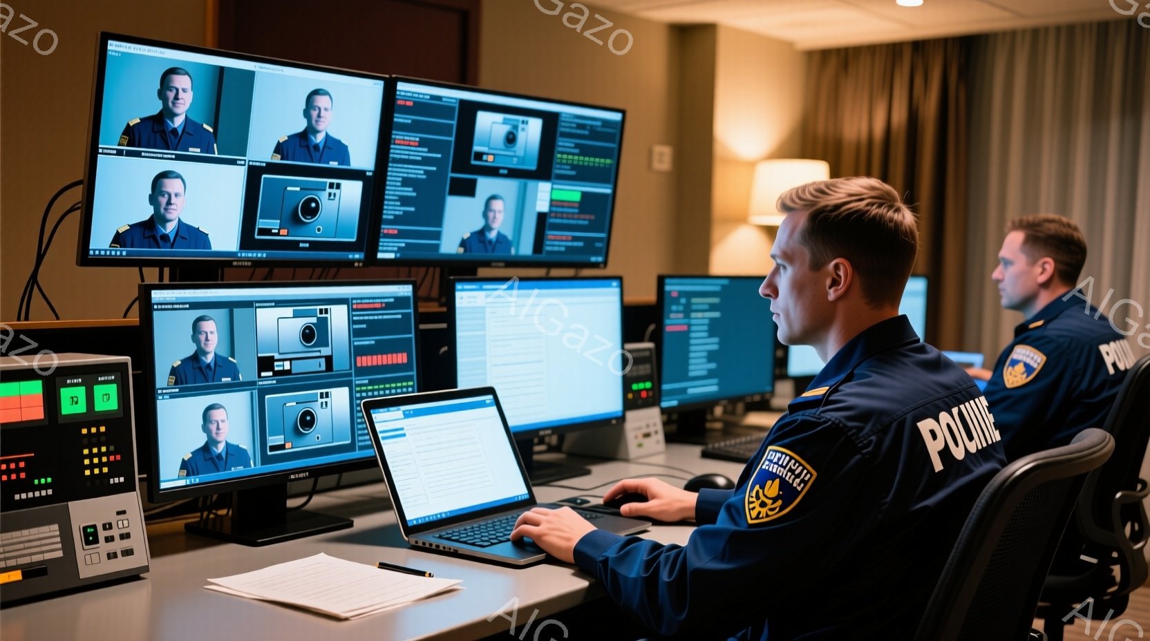 コントロール・ルーム内で、4人の警察官が集中して活動している様子を示しています。最初の弁護士の顔が画面に表示されており、他の3人の警察官はそれぞれ異なるデバイスで彼の会話をモニタリングしています。 警察官は集中している様子が伝わっており、コントロール・ルームは照明され、機器とデバイスが点在しています。