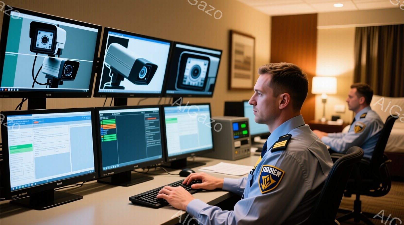 監視室のような場所で、制服を着た二人の男性がコンピューターに向かっています。一人はキーボードを操作しており、集中した表情をしています。背景にはモニターが並び、セキュリティシステムを監視している様子がうかがえます。