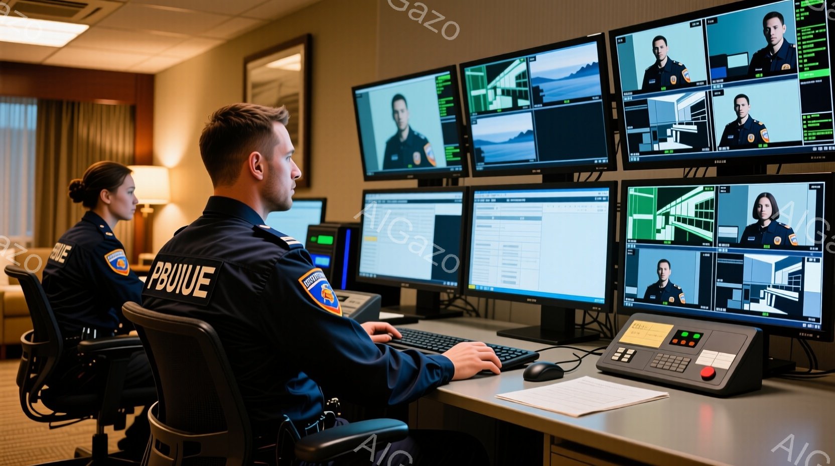 警官制服を着た二人の人物が、複数のモニターが並んだ部屋にいる。一人はパソコンに向かってキーボードを操作しており、真剣な表情で画面を見つめている。背景は薄暗く、モニターの光が室内を照らし、集中して監視業務を行う雰囲気が漂っている。