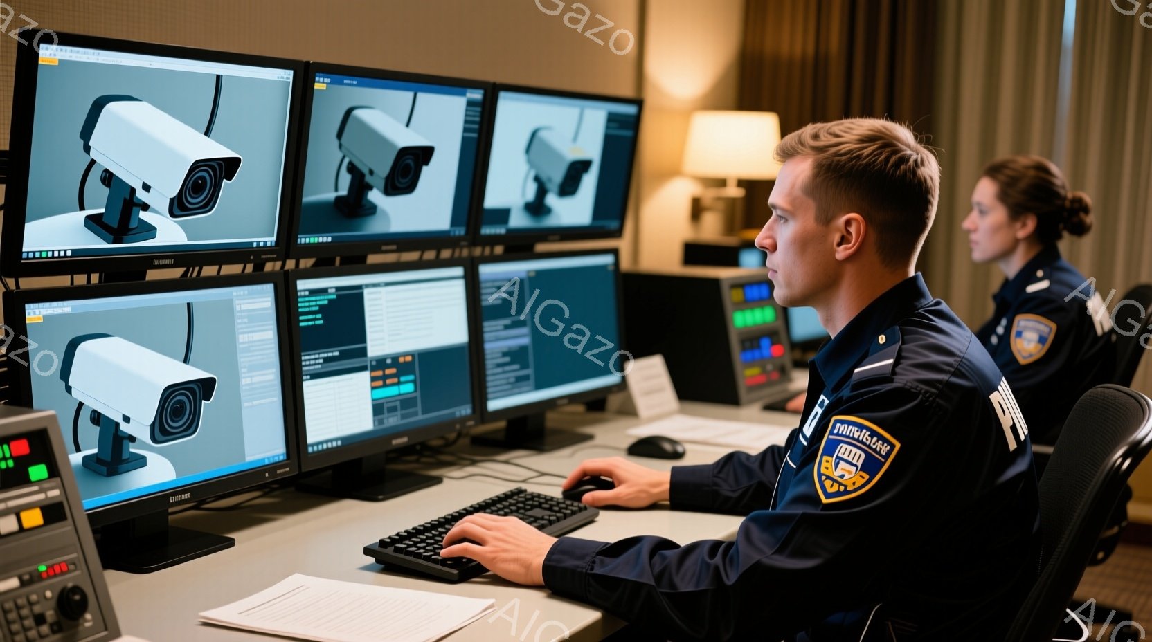 監視室のような場所で、制服を着た男性と女性が複数のモニターを見ている。男性は黒髪で、キーボードを操作しながら集中した表情で画面を見つめている。背景には、多くの機器が設置された壁と、暗く落ち着いた雰囲気の室内が広がっている。