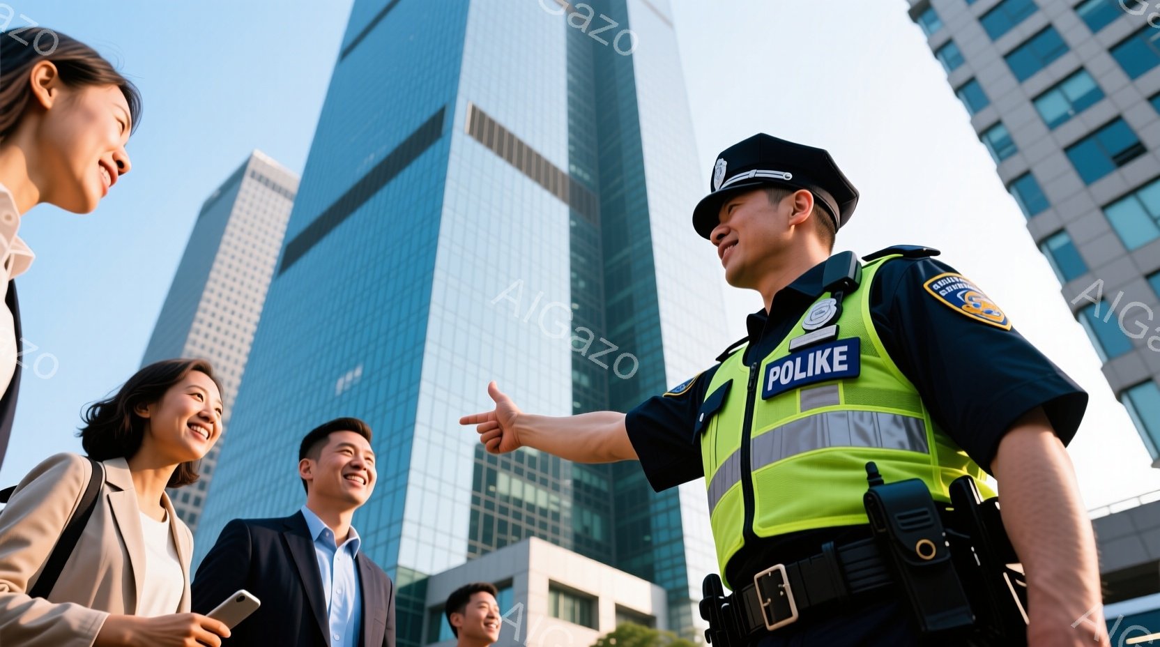 制服を着た警察官が、笑顔の女性と男性数名に何かを説明している場面です。警察官は蛍光色のベストと帽子を着用し、片手を伸ばしてジェスチャーをしています。背景には高層ビルが立ち並び、晴天の下、都会の街並みが広がっています。