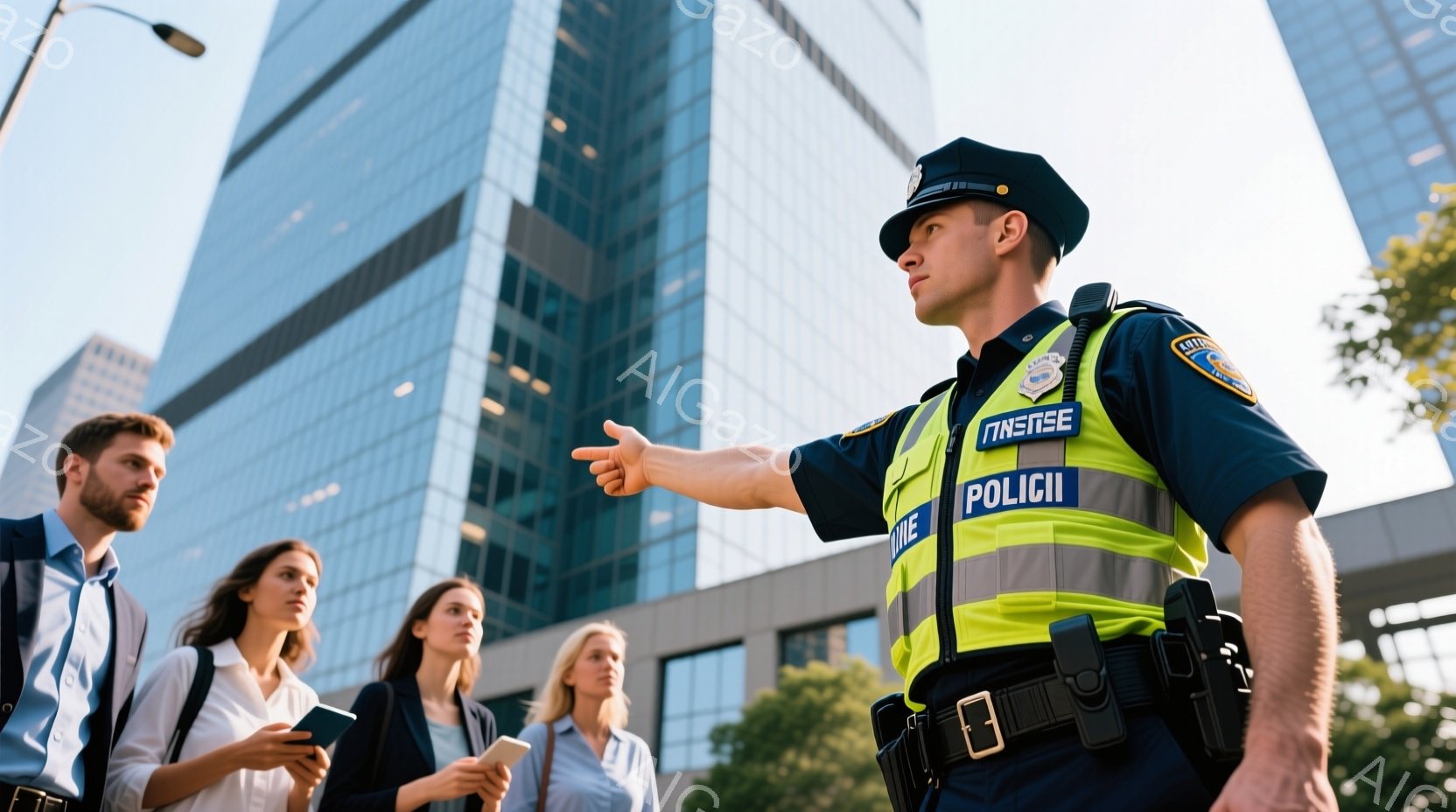 制服を着た警官が、片手を前に伸ばして何かを指し示しており、真剣な表情をしている。背景には近代的な高層ビルが立ち並び、数人のビジネスマンや女性がスマートフォンを手にしながら立っている。晴れた日の都市部を背景に、警官が指示や説明をしている様子が伝わる、緊張感のある雰囲気である。