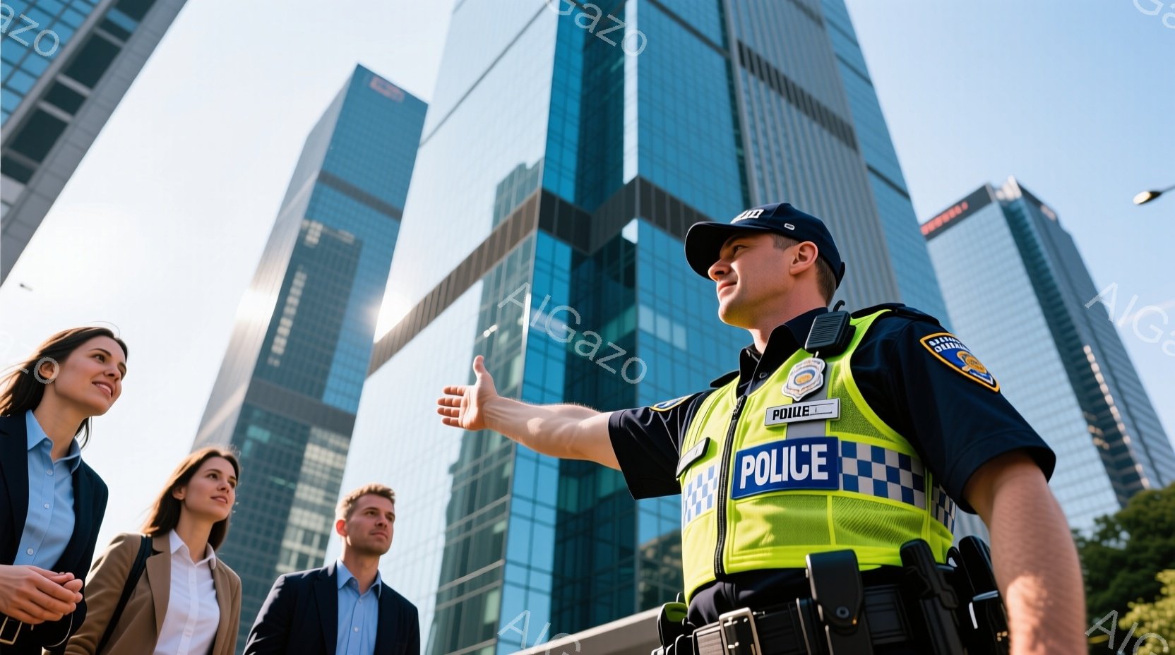 制服を着た警察官が、片手を上げて何かを説明している様子が写っています。彼の後ろには、ジャケットを着た男性と女性が立っており、女性は片手を持ち上げて何かを尋ねているようです。背景には、そびえ立つ近代的な高層ビル群が青空の下に見え、晴れた日の都会の風景が広がっています。