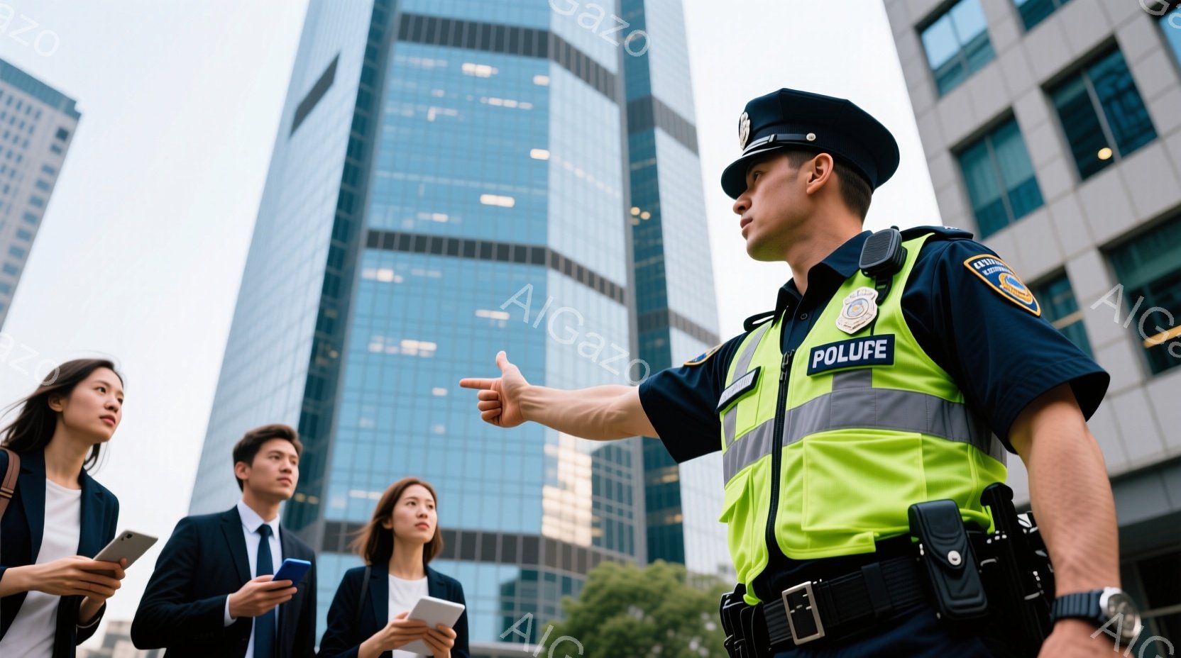 警察官が紺色の制服、反射材のベスト、帽子を着用し、何かを指し示している。周りにはビジネススーツを着た3人の人々がおり、手にはタブレット端末を持っている。背景には高層ビルが立ち並び、晴天の下、都会の風景が広がっている。